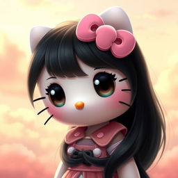 A beautifully realistic depiction of Hello Kitty featuring long black hair and oversized, expressive eyes