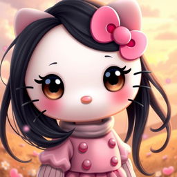 A beautifully realistic depiction of Hello Kitty featuring long black hair and oversized, expressive eyes