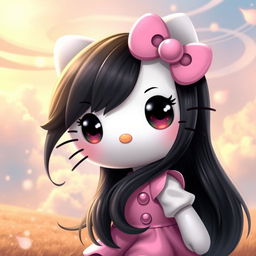 A beautifully realistic depiction of Hello Kitty featuring long black hair and oversized, expressive eyes