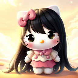 A beautifully realistic depiction of Hello Kitty featuring long black hair and oversized, expressive eyes
