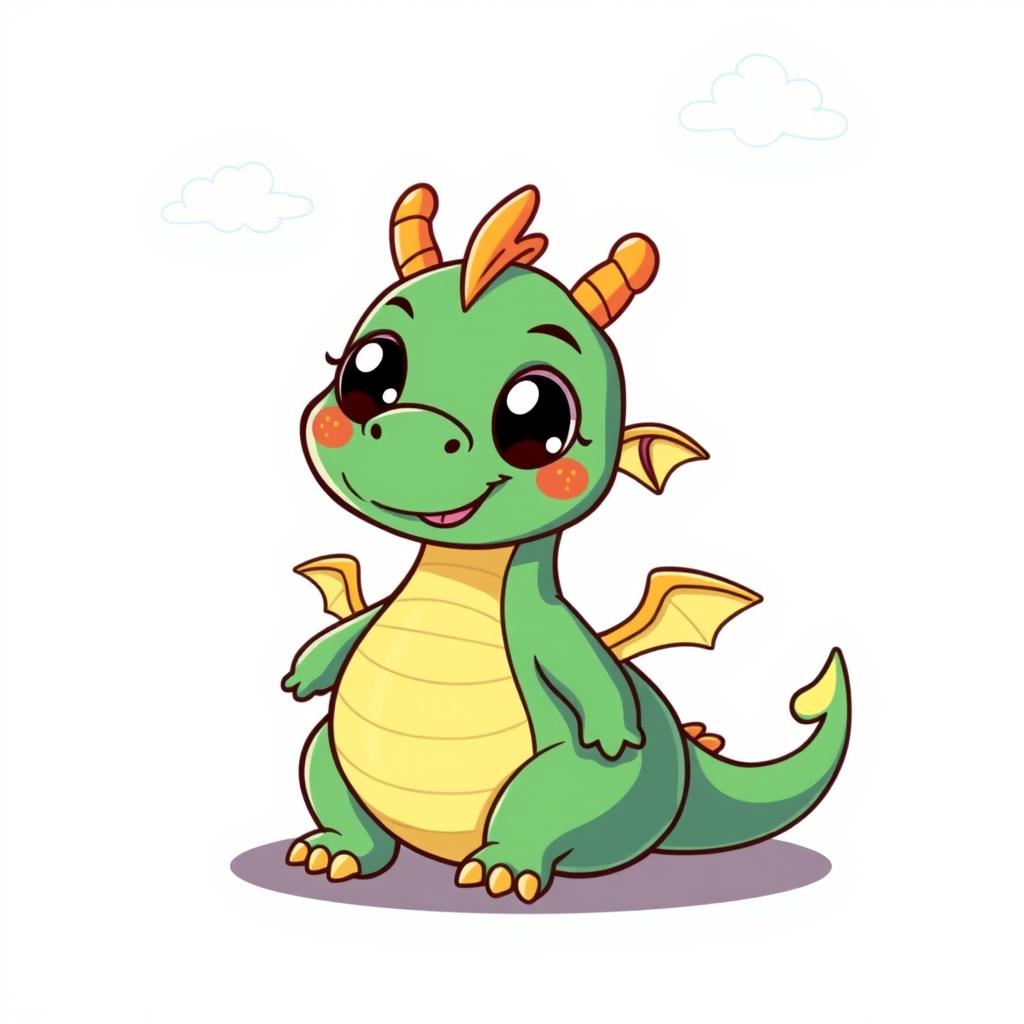 A simple and easy-to-draw dragon character, cartoonish in style, featuring a round body, large friendly eyes, tiny wings, and a cheerful expression