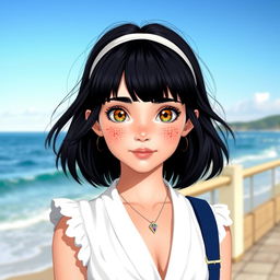 A charming girl with fair skin, bright yellow eyes, and numerous freckles adorning her cheeks