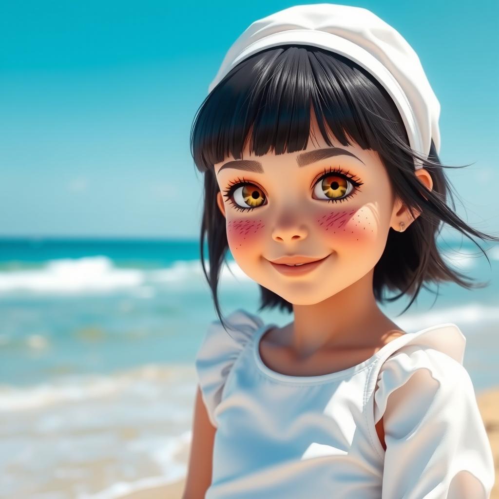 A charming girl with fair skin, bright yellow eyes, and numerous freckles adorning her cheeks