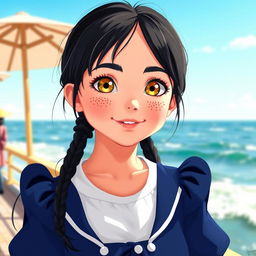A charming girl with fair skin, bright yellow eyes, and numerous freckles adorning her cheeks