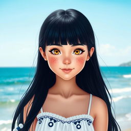 A charming girl with fair skin, bright yellow eyes, and numerous freckles adorning her cheeks