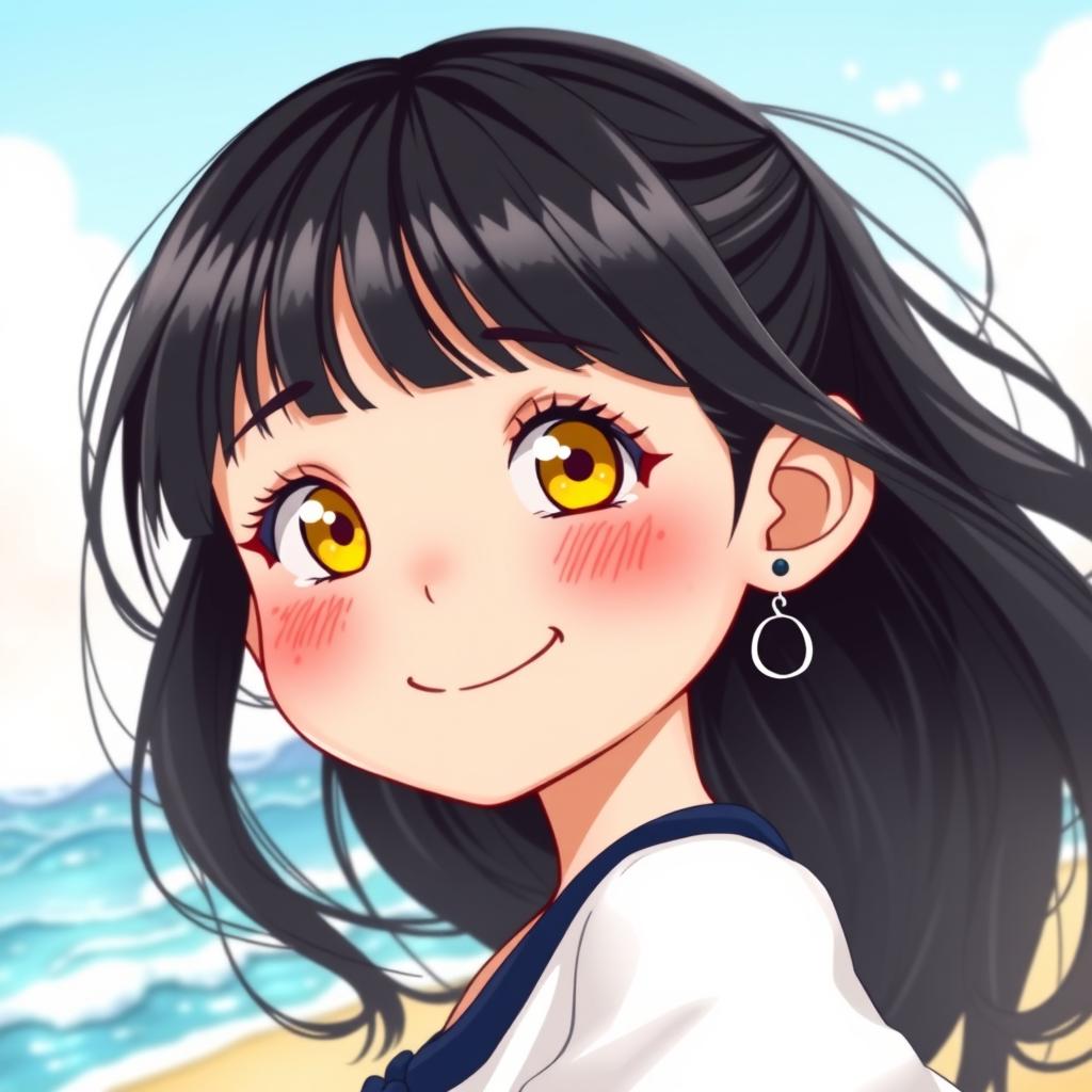 A delightful girl with fair skin and bright yellow eyes, adorned with numerous freckles across her cheeks
