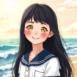 A delightful girl with fair skin and bright yellow eyes, adorned with numerous freckles across her cheeks
