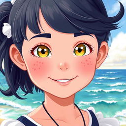 A delightful girl with fair skin and bright yellow eyes, adorned with numerous freckles across her cheeks