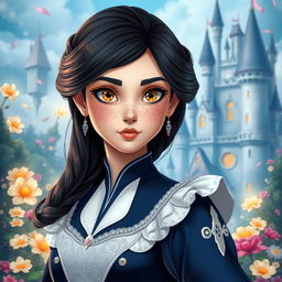 A stunning princess with fair skin, striking yellow eyes, and adorned with numerous freckles that highlight her youthful charm
