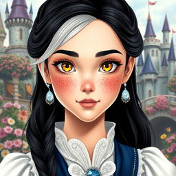 A stunning princess with fair skin, striking yellow eyes, and adorned with numerous freckles that highlight her youthful charm
