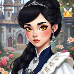 A stunning princess with fair skin, striking yellow eyes, and adorned with numerous freckles that highlight her youthful charm