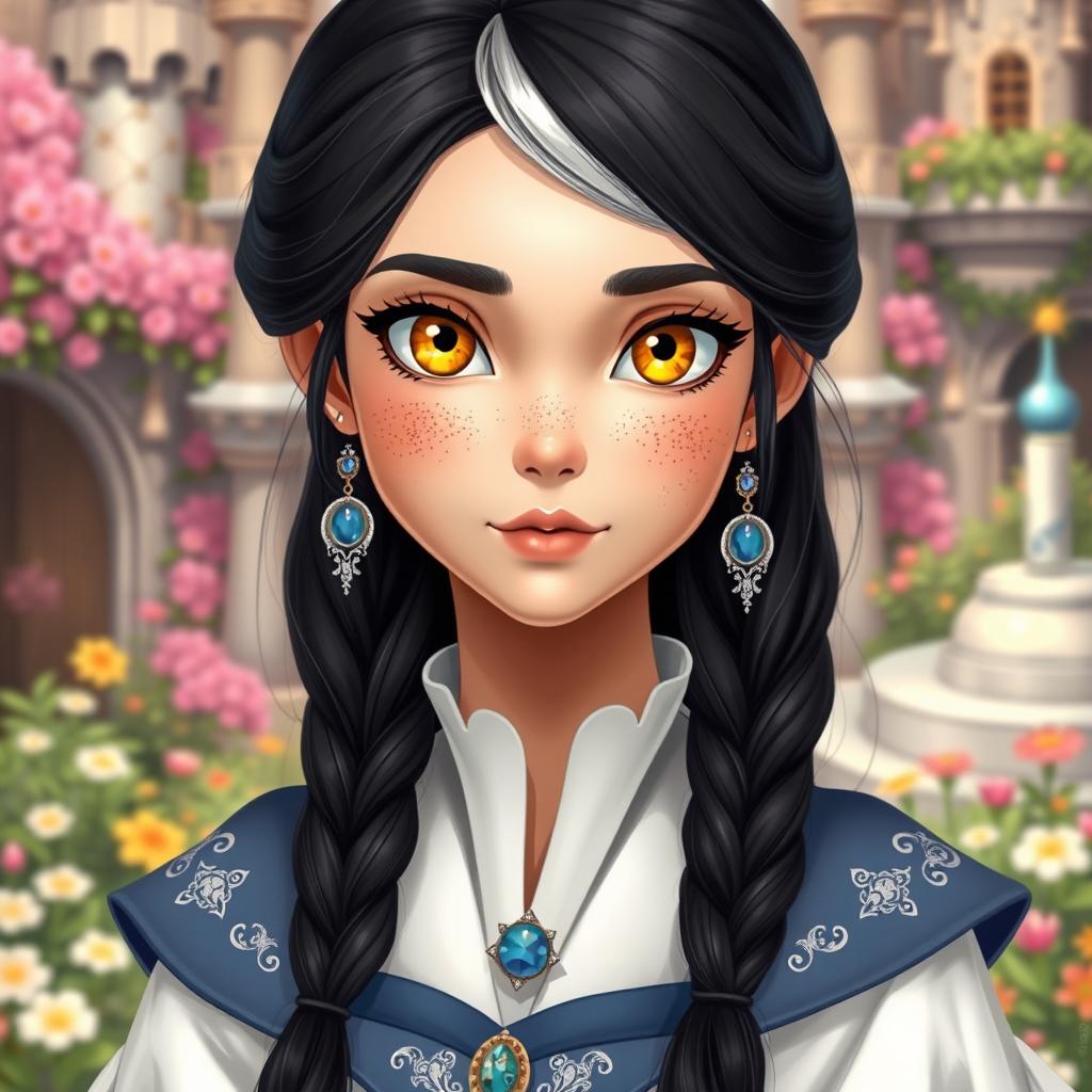 A stunning princess with fair skin, striking yellow eyes, and adorned with numerous freckles that highlight her youthful charm