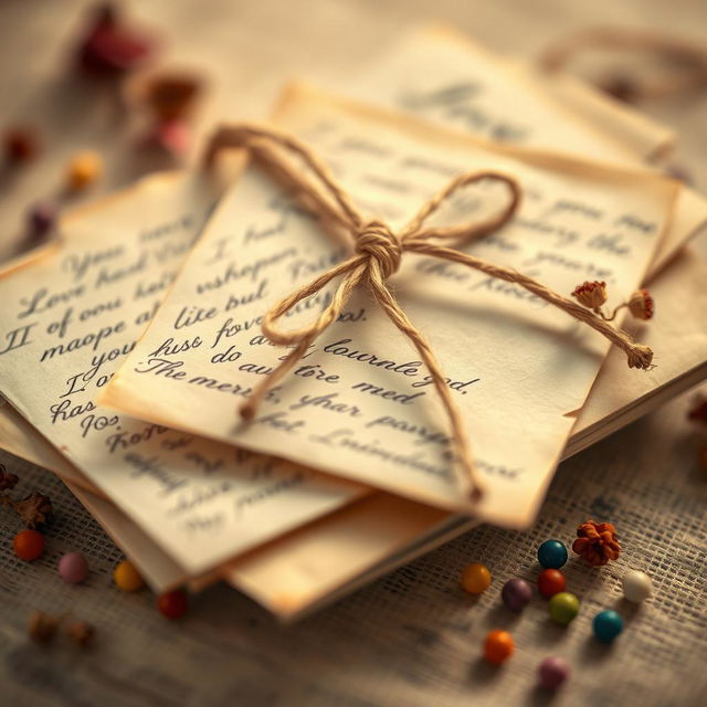 An artistic close-up image of beautiful handwritten letters tied together with a delicate twine