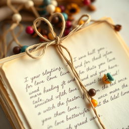 An artistic close-up image of beautiful handwritten letters tied together with a delicate twine