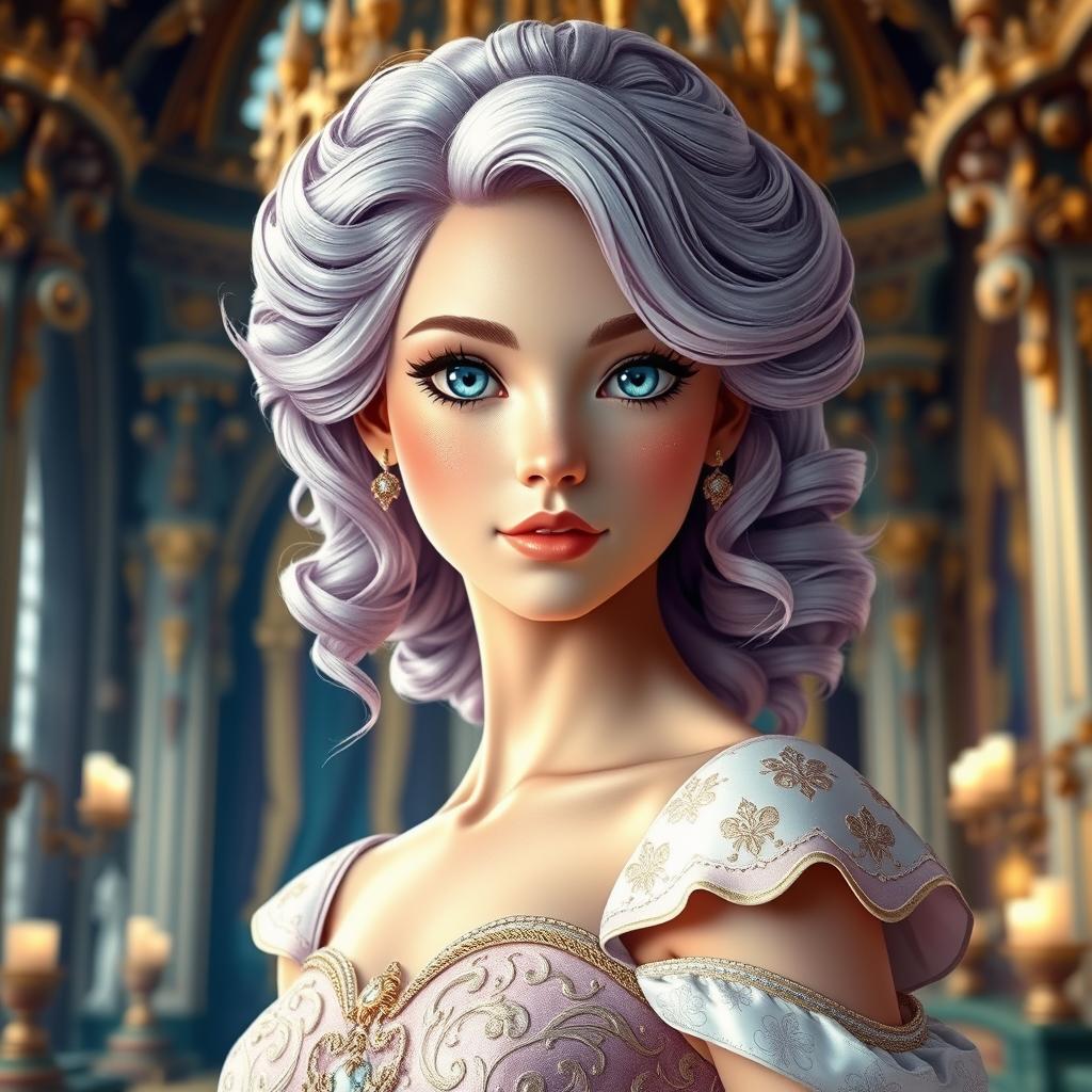 A beautiful princess with fair skin and captivating blue eyes, showcasing an enchanting expression