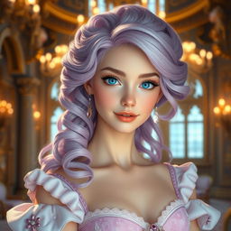 A beautiful princess with fair skin and captivating blue eyes, showcasing an enchanting expression