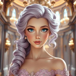 A beautiful princess with fair skin and captivating blue eyes, showcasing an enchanting expression