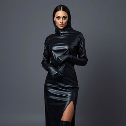 A beautiful woman wearing a shiny black leather abaya that is tight-fitting on her body, complemented by stylish leather gloves on her hands