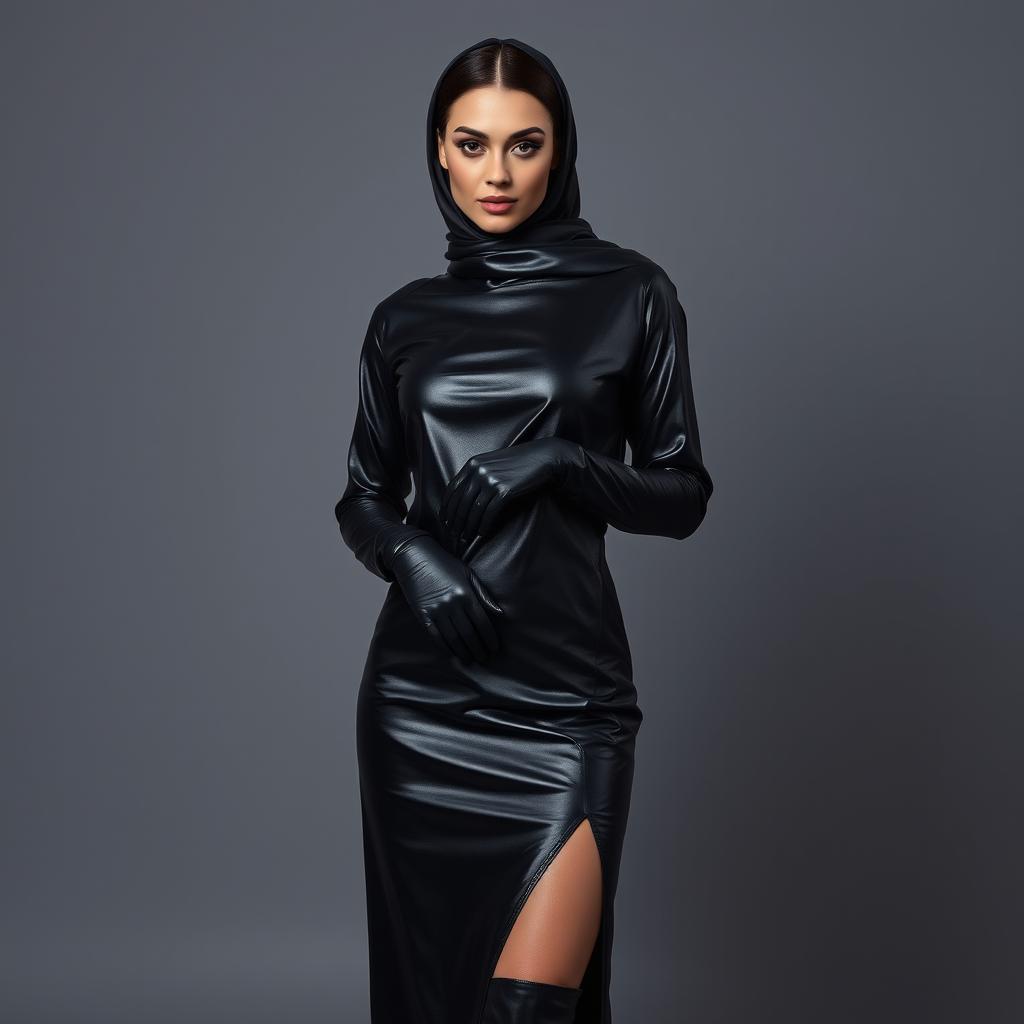 A beautiful woman wearing a shiny black leather abaya that is tight-fitting on her body, complemented by stylish leather gloves on her hands