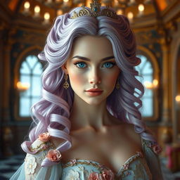A regal princess with fair skin and enchanting blue eyes, radiating a sense of magic and beauty