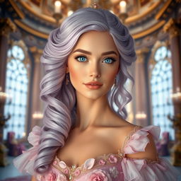 A regal princess with fair skin and enchanting blue eyes, radiating a sense of magic and beauty