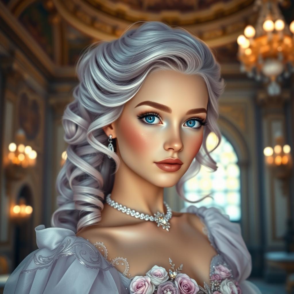 A regal princess with fair skin and enchanting blue eyes, radiating a sense of magic and beauty