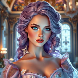 A regal princess with fair skin and enchanting blue eyes, radiating a sense of magic and beauty