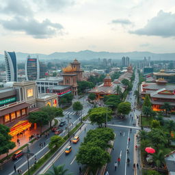 A panoramic view of Tangail city in the year 3025, showcasing a blend of traditional and futuristic elements