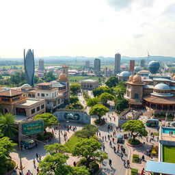 A panoramic view of Tangail city in the year 3025, showcasing a blend of traditional and futuristic elements