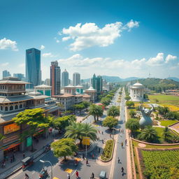 A panoramic view of Tangail city in the year 3025, showcasing a blend of traditional and futuristic elements