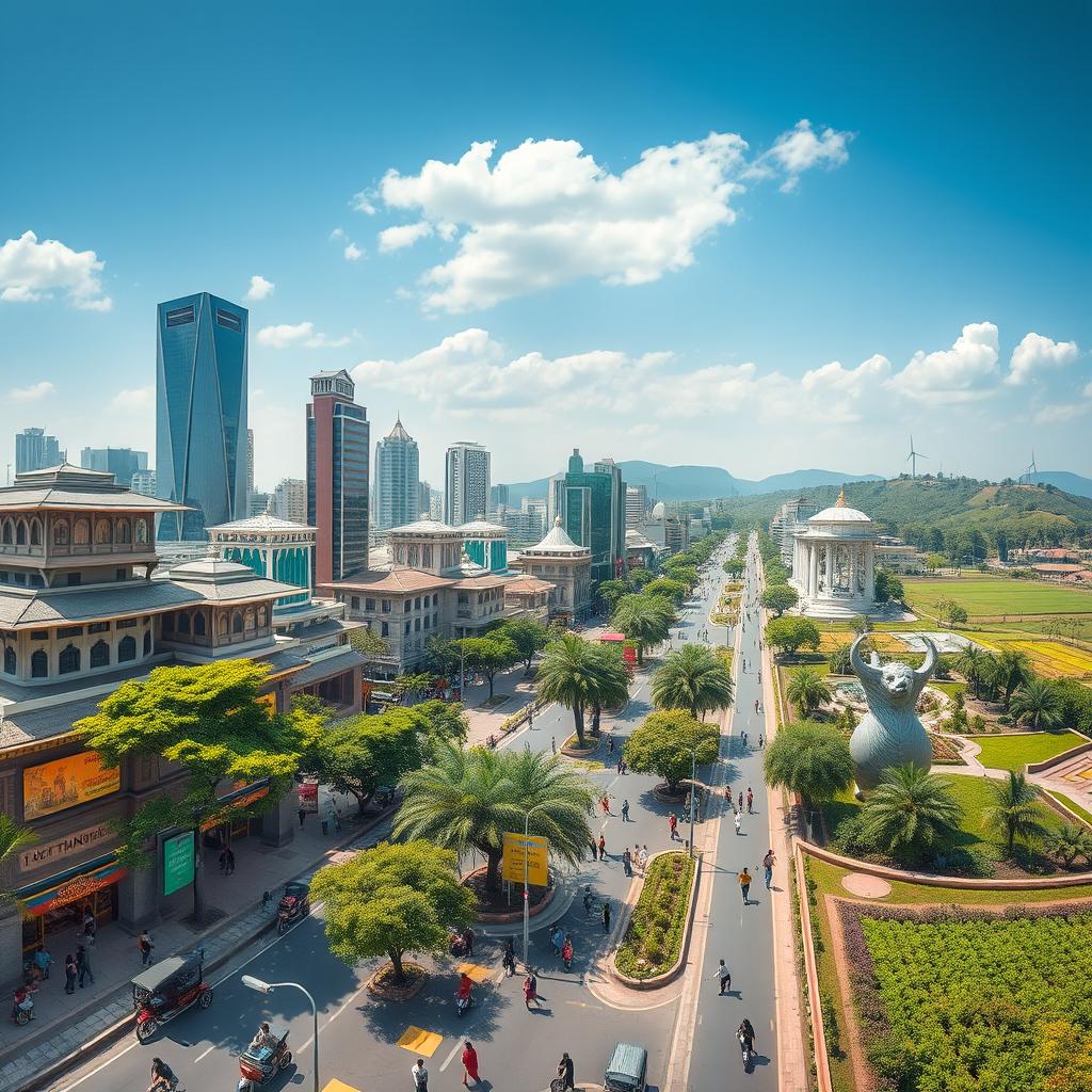 A panoramic view of Tangail city in the year 3025, showcasing a blend of traditional and futuristic elements