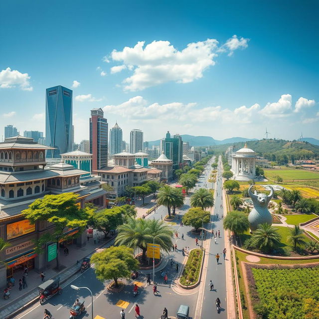 A panoramic view of Tangail city in the year 3025, showcasing a blend of traditional and futuristic elements