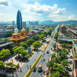 A panoramic view of Tangail city in the year 3025, showcasing a blend of traditional and futuristic elements