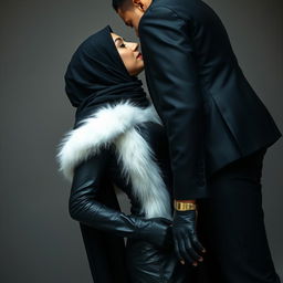 A hijab-wearing woman in a sleek black leather abaya that hugs her body, adorned with a white fur collar
