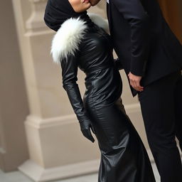 A hijab-wearing woman in a sleek black leather abaya that hugs her body, adorned with a white fur collar