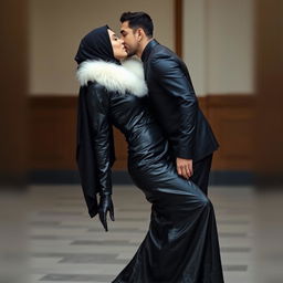 A hijab-wearing woman in a sleek black leather abaya that hugs her body, adorned with a white fur collar
