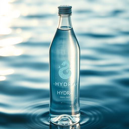 A stunningly designed bottle of water called 'Hydra', featuring an elegant and sleek shape, made of crystal-clear glass