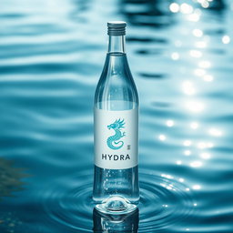 A stunningly designed bottle of water called 'Hydra', featuring an elegant and sleek shape, made of crystal-clear glass