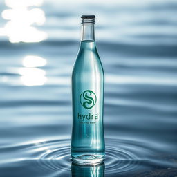 A stunningly designed bottle of water called 'Hydra', featuring an elegant and sleek shape, made of crystal-clear glass