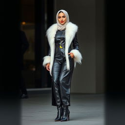 A beautiful hijab-clad woman in a long, sleek leather suit with a luxurious white fur collar and shiny winter boots