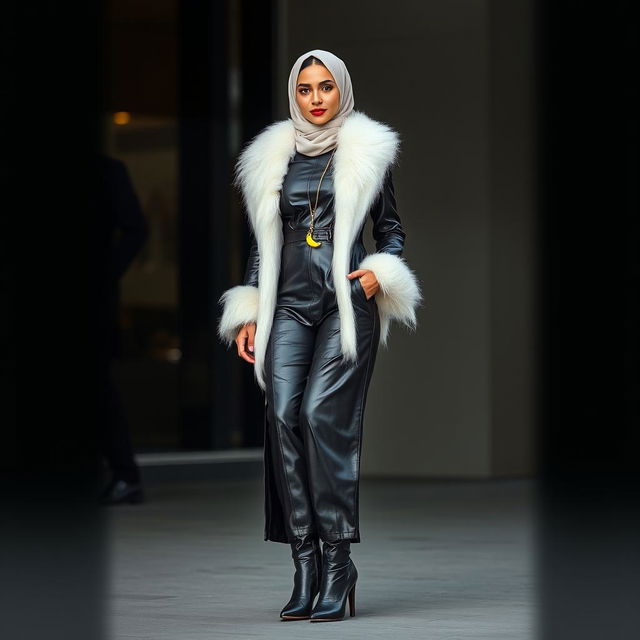 A beautiful hijab-clad woman in a long, sleek leather suit with a luxurious white fur collar and shiny winter boots