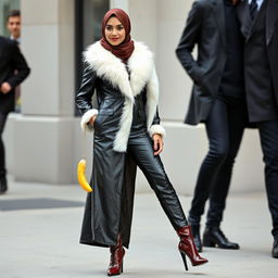 A beautiful hijab-clad woman in a long, sleek leather suit with a luxurious white fur collar and shiny winter boots