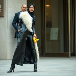A beautiful hijab-clad woman in a long, sleek leather suit with a luxurious white fur collar and shiny winter boots