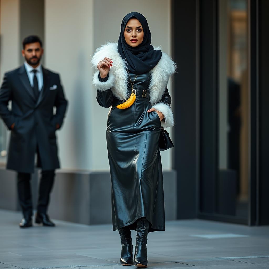 A beautiful hijab-clad woman in a long, sleek leather suit with a luxurious white fur collar and shiny winter boots