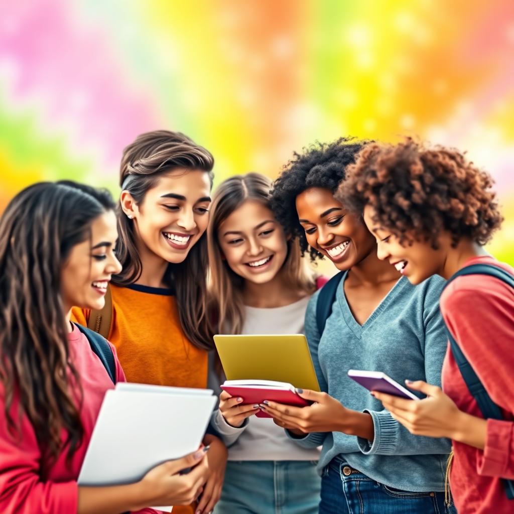 A high-quality, vibrant image depicting students and friends collaborating joyfully together