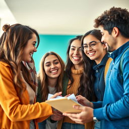 A high-quality, vibrant image depicting students and friends collaborating joyfully together