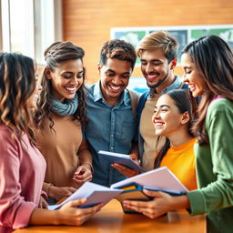 A high-quality, vibrant image depicting students and friends collaborating joyfully together