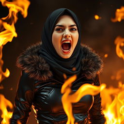 A beautiful young woman wearing a hijab and niqab, dressed in a tight, shiny black leather outfit