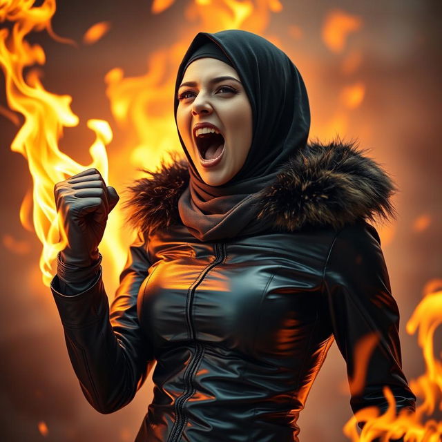 A beautiful young woman wearing a hijab and niqab, dressed in a tight, shiny black leather outfit