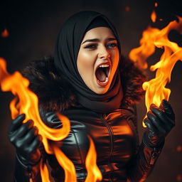 A beautiful young woman wearing a hijab and niqab, dressed in a tight, shiny black leather outfit